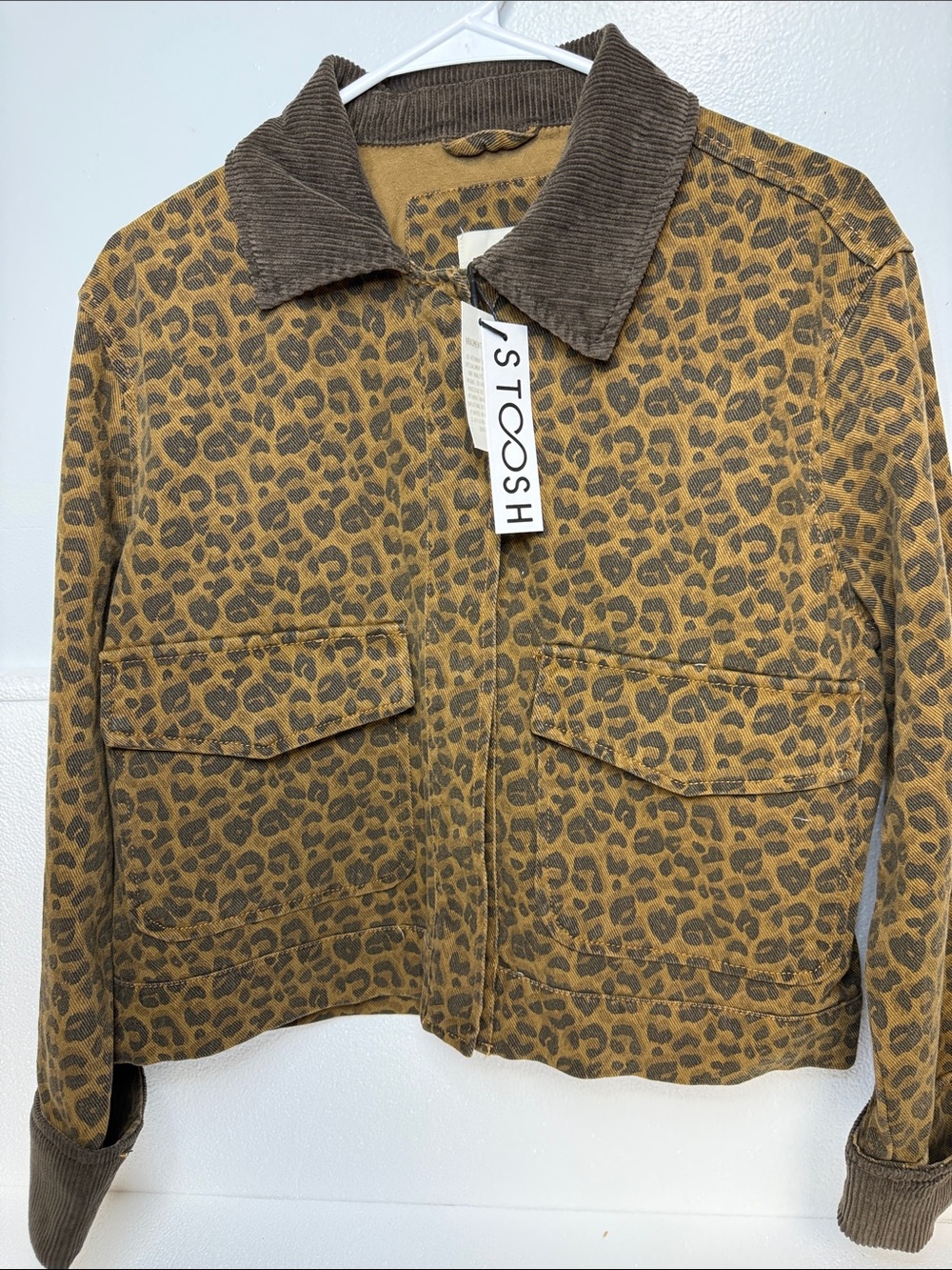 NWT Stoosh Leopard Print Cropped Barn Jacket with Corduroy Collar Size S